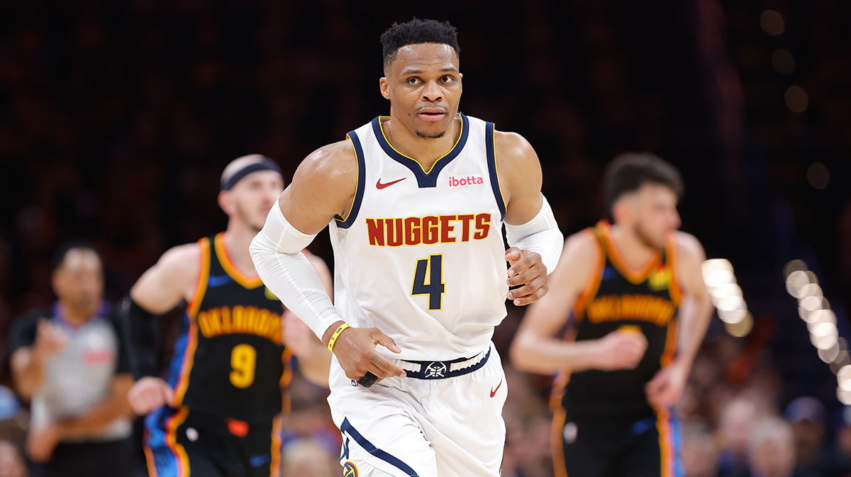 Denver Nuggets guard Russell Westbrook (4) runs down the court after a play against the Oklahoma City Thunder during the second half during game one of the second round for the 2025 NBA Playoffs at Paycom Center. 
