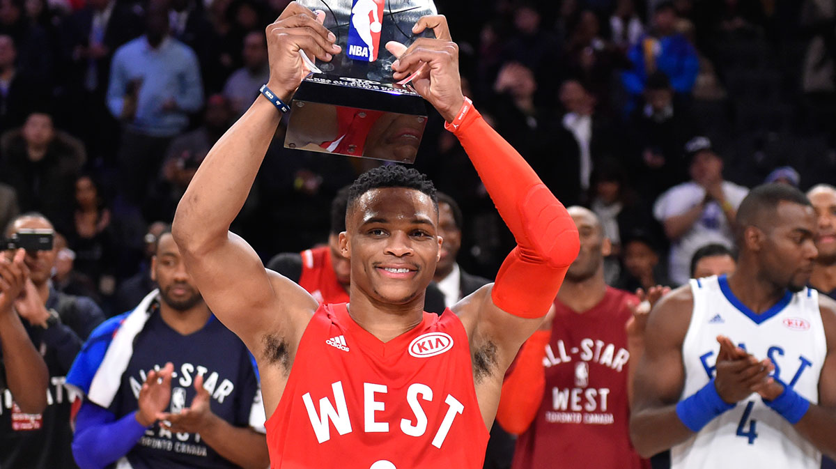 Western Conference guard Russell Westbrook of the Oklahoma City Thunder (0) celebrates after being named MVP of the NBA All Star Game at Air Canada Centre.