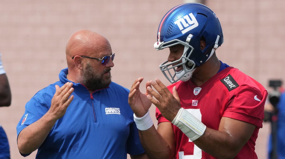 Quarterback, Russell Wilson and Coach Brian Daboll as the New York Giants players participate in their 2025 OTAÕs at the Quest Diagnostic Giants Training Center in East Rutherford.