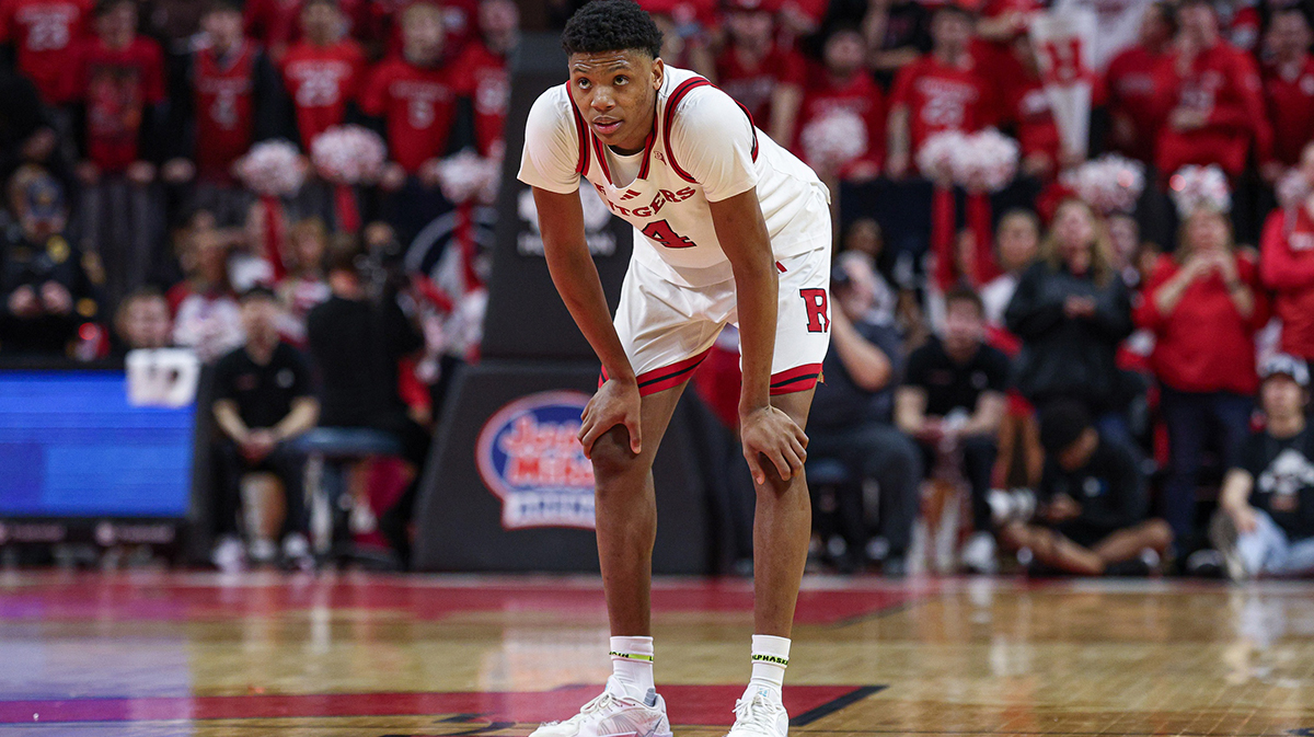 Rutgers Scarlet Knights guard Ace Bailey (4) look up during overtime against the Minnesota Golden Gophers at Jersey Mike's Arena.