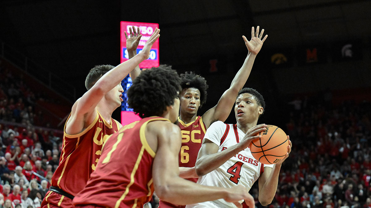 Rutgers Scarlet Knights guard Ace Bailey (4) looks to pass the ball against the USC Trojans during the second half at Jersey Mike's Arena. 76ers