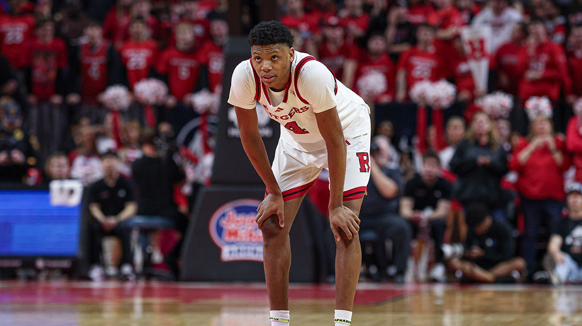 Rutgers Scarlet Knights guard Ace Bailey (4) look up during overtime against the Minnesota Golden Gophers at Jersey Mike's Arena. Maxey