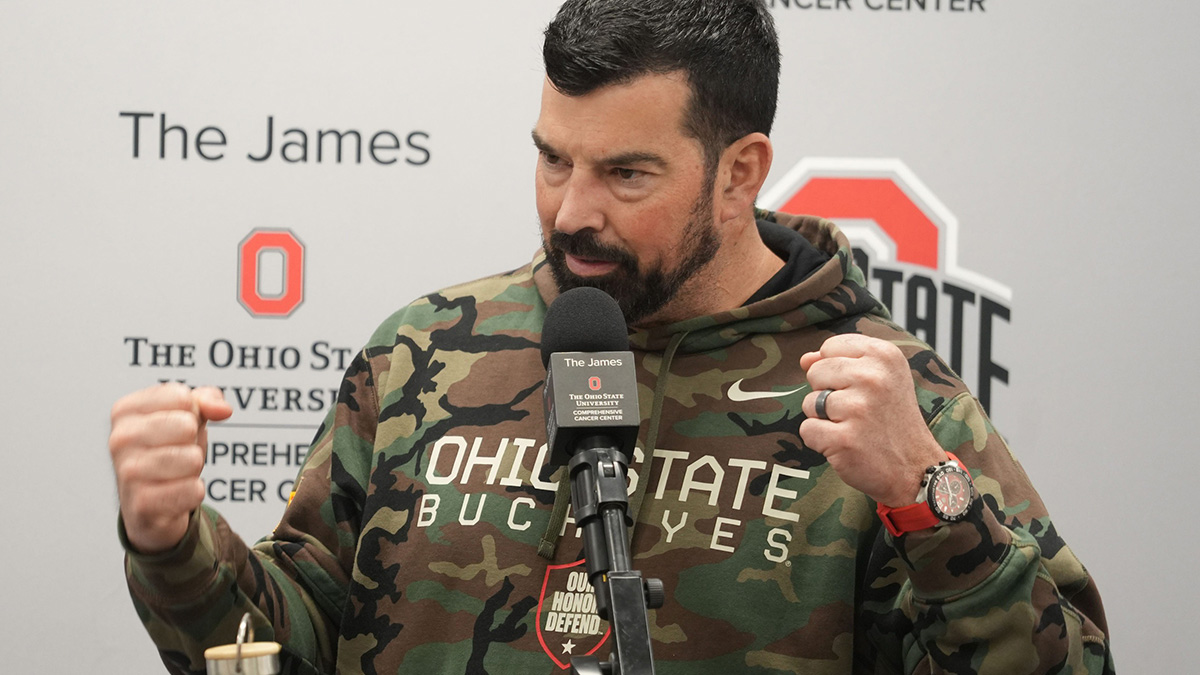 Ohio State Football coach Ryan Day gestures during an April 7, 2025 news conference at the Woody Hayes Athletic Center.