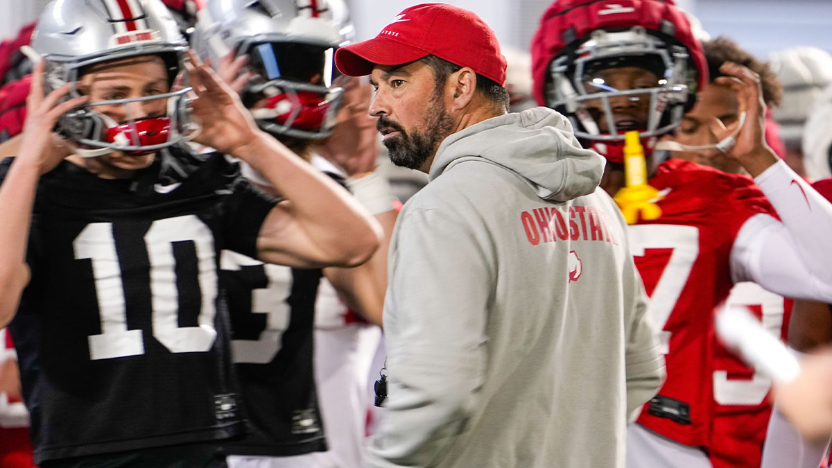 Ohio State Buckeyes head coach Ryan Day speaks to his players during spring football practice at the Woody Hayes Athletic Center on Wednesday, March 19, 2025 in Columbus, Ohio.