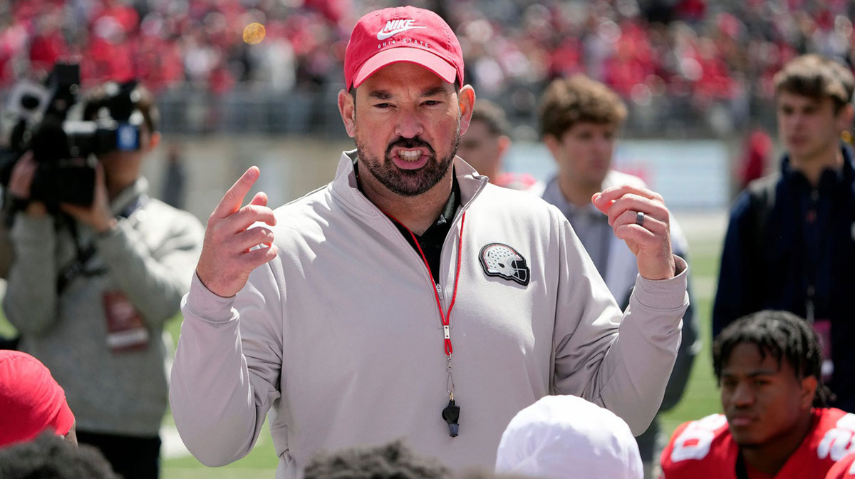 Ohio State Buckeye head coach Ryan Day addresses his team after the spring game at Ohio Stadium on April 12, 2025.