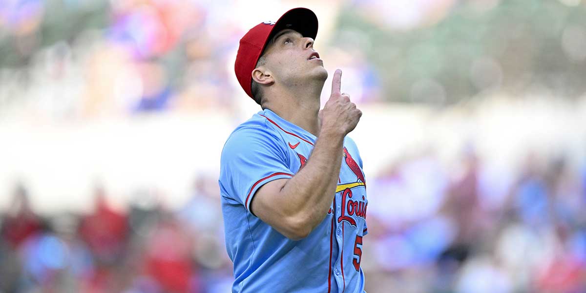St. Louis Cardinals relief pitcher Ryan Helsley (56) points to the sky after pitching against the Texas Rangers during the ninth inning at Globe Life Field.