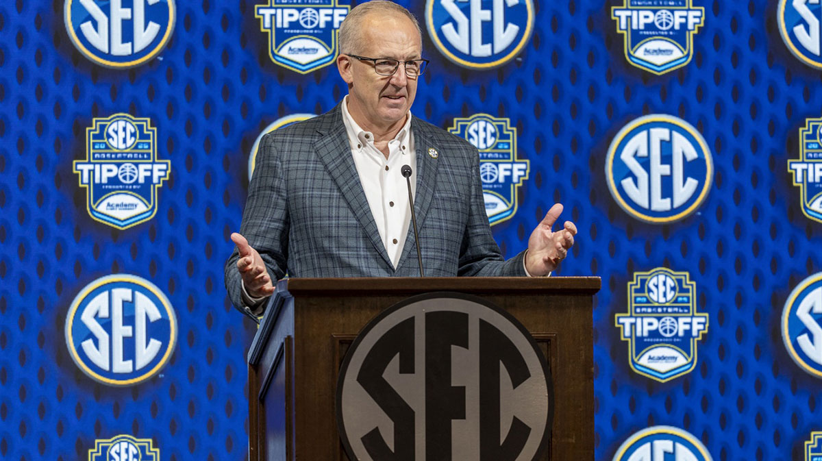 SEC commissioner Greg Sankey talks with the media during SEC Media Days at Grand Bohemian Hotel.