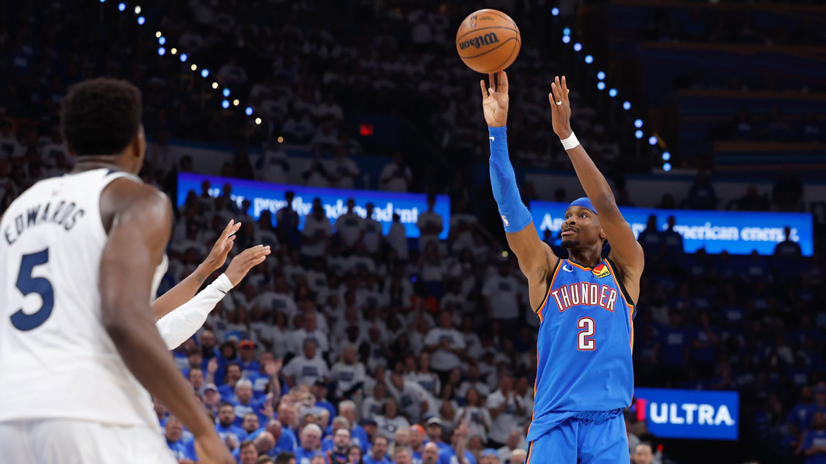 Oklahoma City Thunder guard Shai Gilgeous-Alexander (2) shoots against the Minnesota Timberwolves in the fourth quarter during game five of the western conference finals for the 2025 NBA Playoffs at Paycom Center.