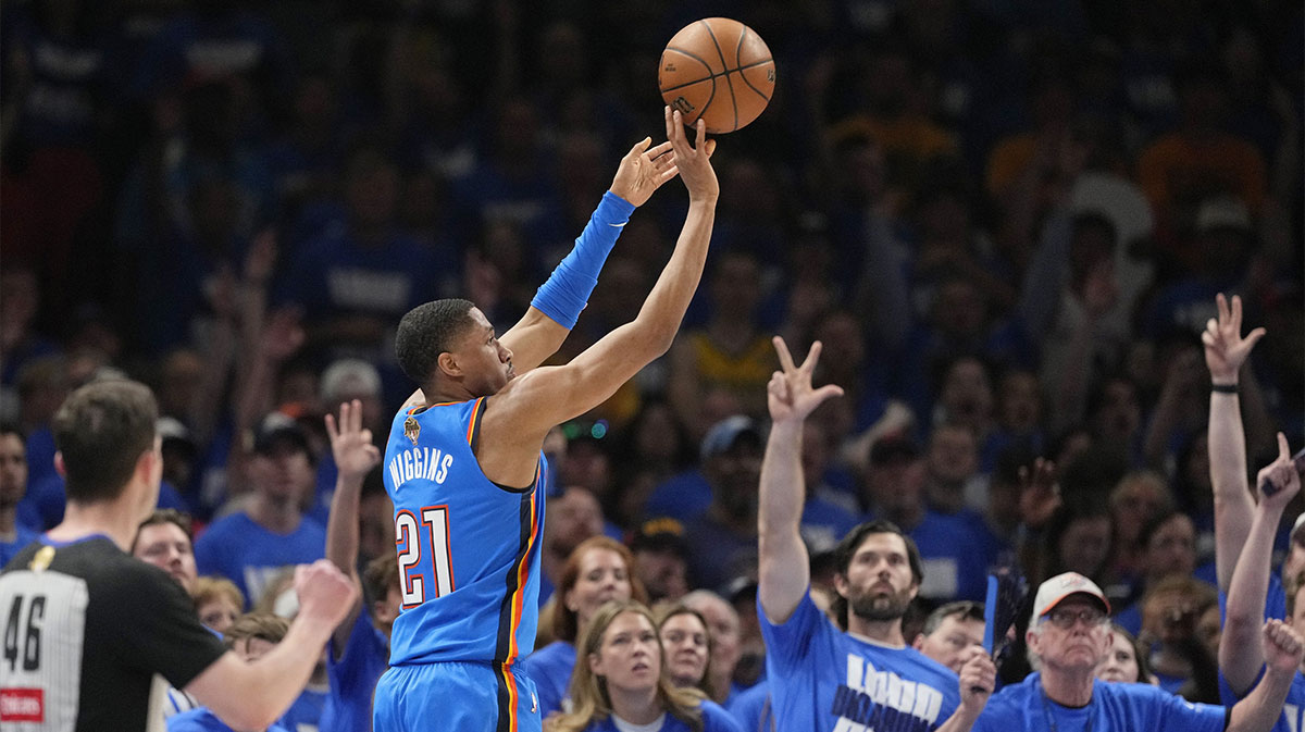Oklahoma City Thunder guard Aaron Wiggins (21) shoots the ball against the Indiana Pacers during the first half during game two of the 2025 NBA Finals at Paycom Center.
