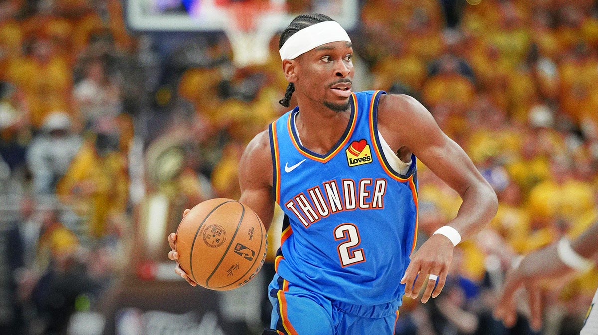 Oklahoma City Thunder guard Shai Gilgeous-Alexander (2) dribbles the ball against the Indiana Pacers during the first half during game four of the 2025 NBA Finals