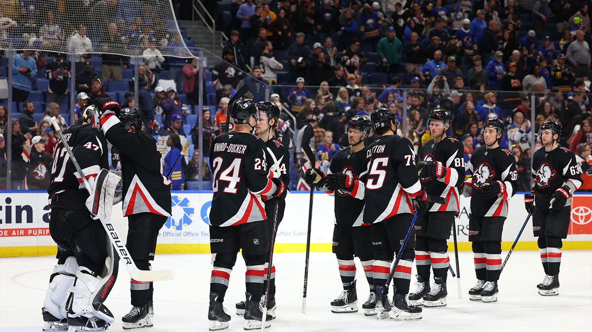 The Buffalo Sabres celebrate a win over the Philadelphia Flyers at KeyBank Center.