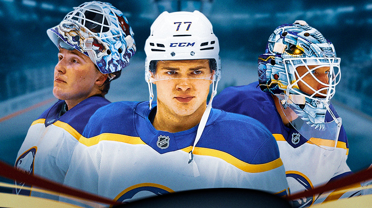 JJ Peterka in the center, James Reimer and Ukko-Pekka Luukkonen on the outsides. Sabres logo in the background. Sabres free agency, NHL Free agency, Sabres nightmare