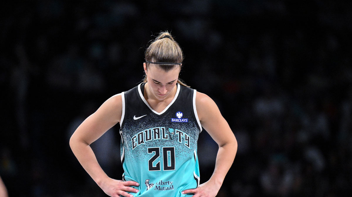 New York Liberty guard Sabrina Ionescu (20) reacts during the second half against the Phoenix Mercury at Barclays Center.