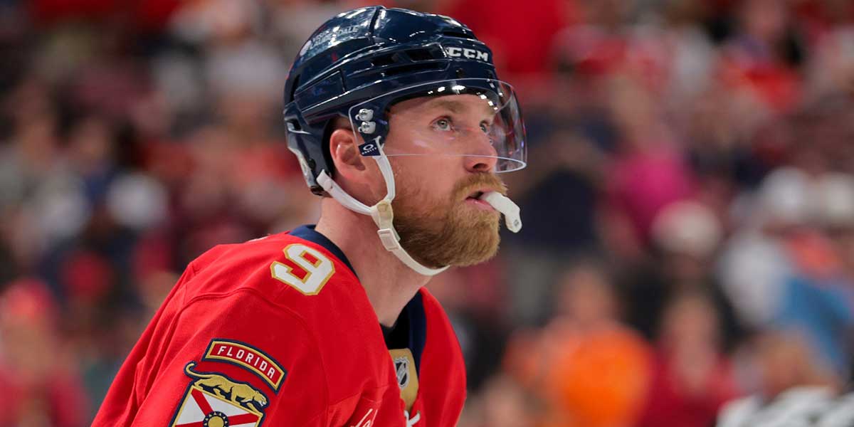 Florida Panthers center Sam Bennett (9) looks on after scoring against the Utah Hockey Club during the second period at Amerant Bank Arena.