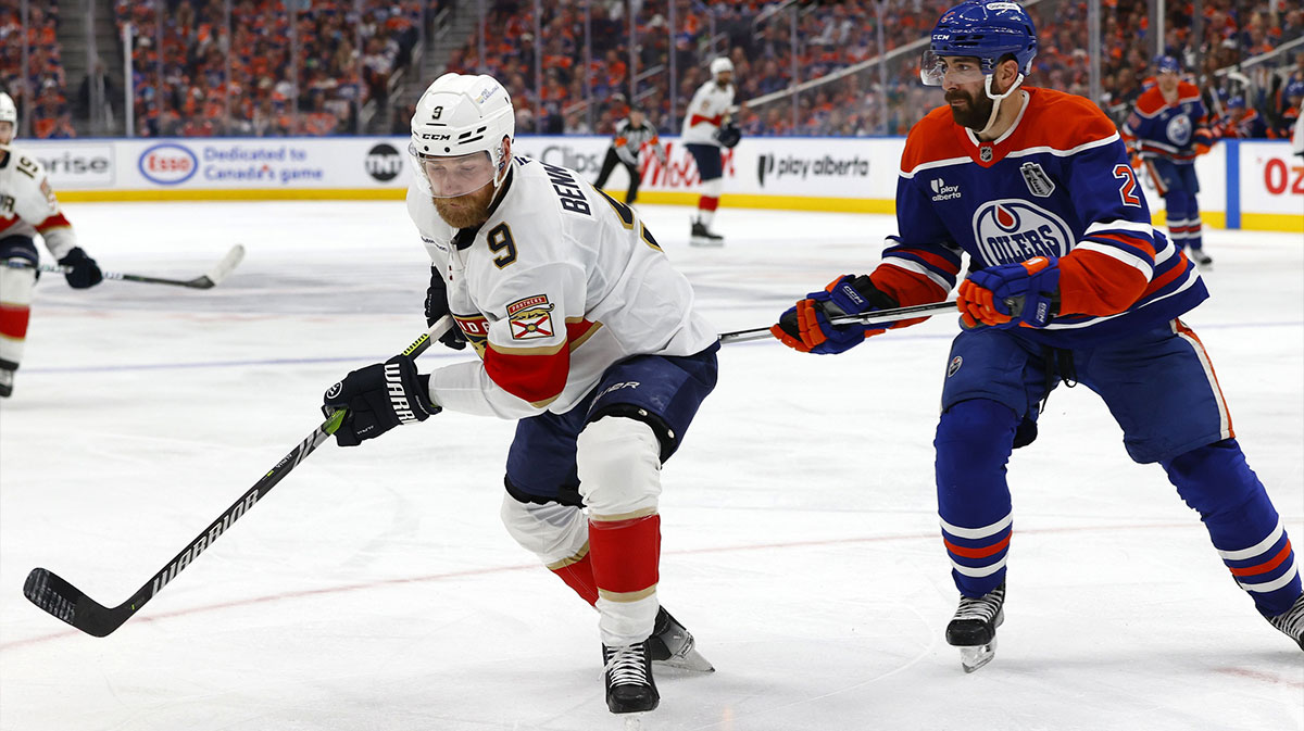 Florida Panthers center Sam Bennett (9) skates with the puck past Edmonton Oilers defenseman Evan Bouchard (2) during the second period in game two of the 2025 Stanley Cup Final at Rogers Place.