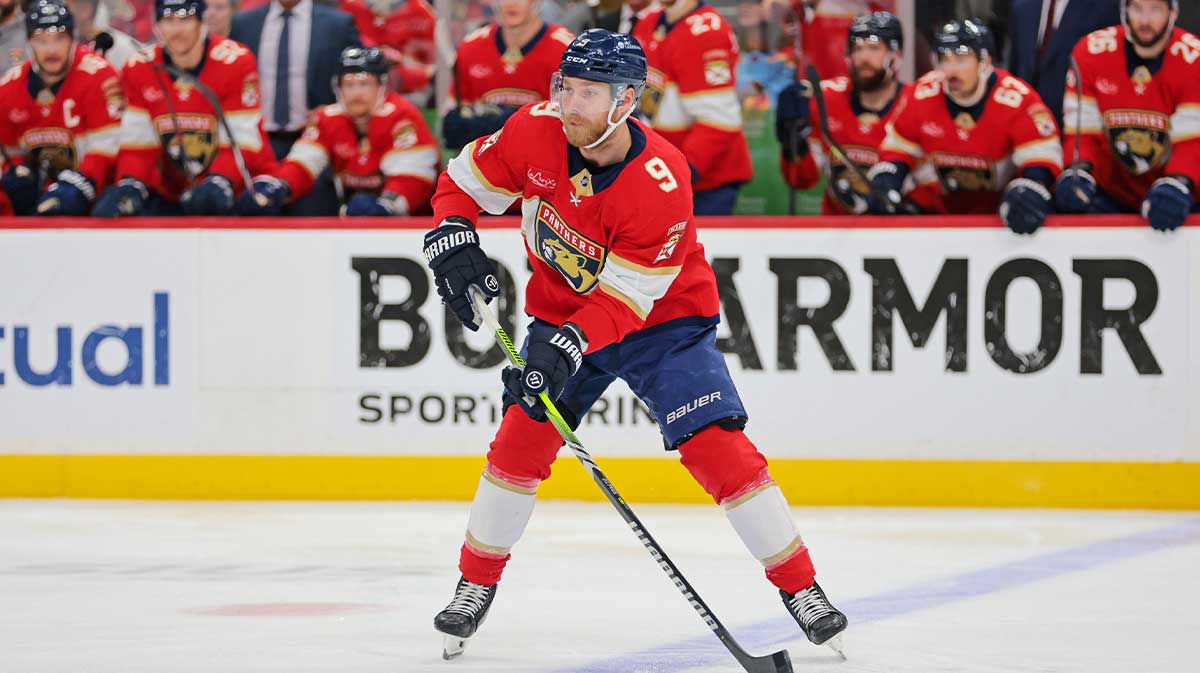 Florida Panthers center Sam Bennett (9) controls the puck during the first period against the Carolina Hurricanes in game four of the Eastern Conference Final of the 2025 Stanley Cup Playoffs at Amerant Bank Arena.