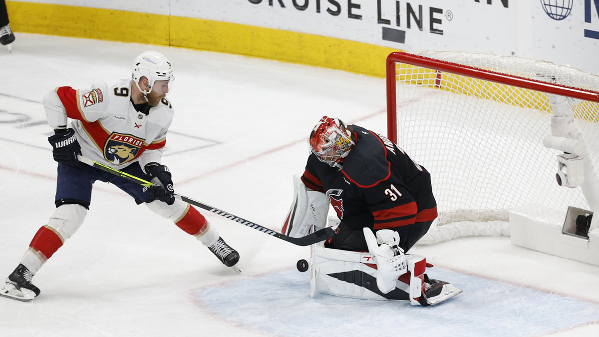 Carolina Hurricanes goaltender Frederik Andersen (31) blocks a shot by Florida Panthers forward Sam Bennett (9) during the third period in game five of the Eastern Conference Final of the 2025 Stanley Cup Playoffs at Lenovo Center.