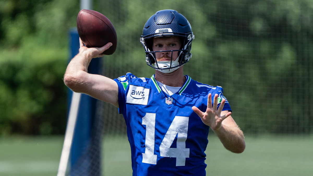 Seattle Seahawks quarterback Sam Darnold (14) passes the ball during mini-camp at Virginia Mason Athletic Center.