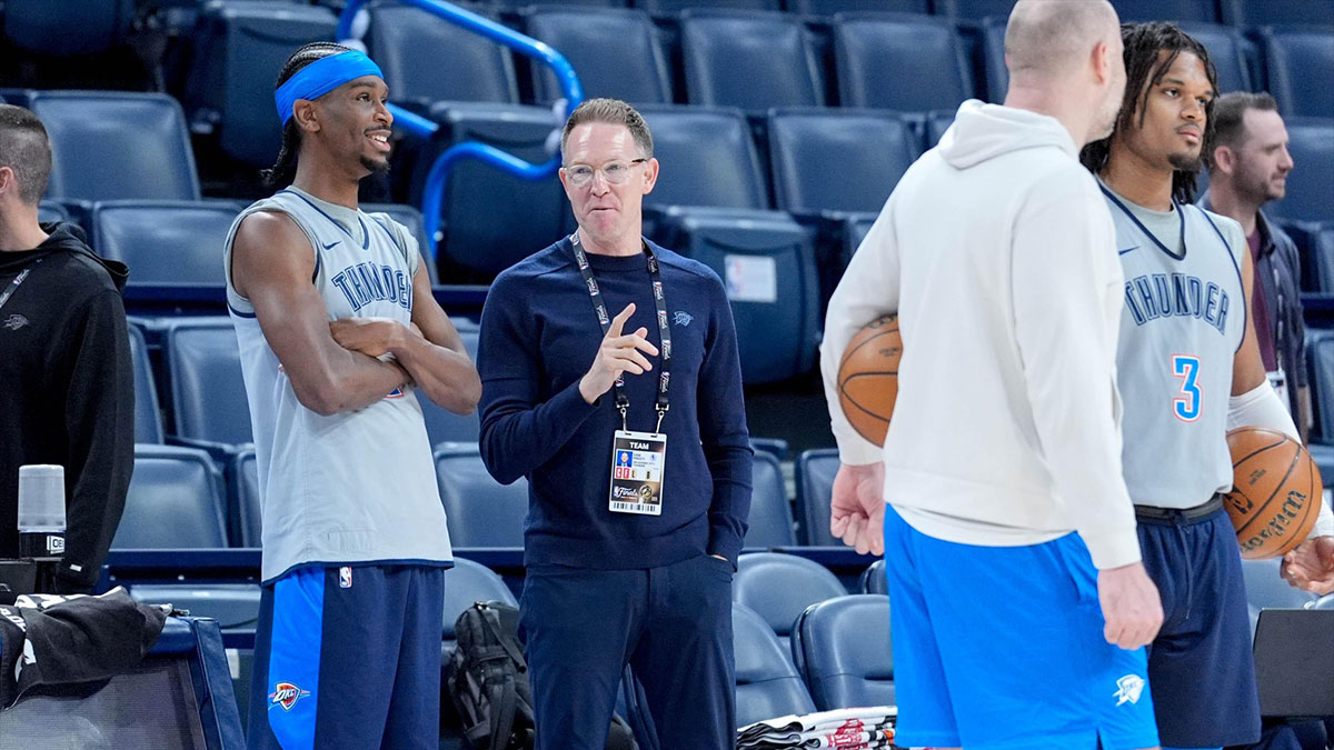 Oklahoma City guard Shai Gilgeous-Alexander (2) talks to Executive Vice President and General Manager is Sam Presti during an NBA Finals practice session ahead of Game 2 at Paycom Center Oklahoma City, on Saturday, June 7, 2025.