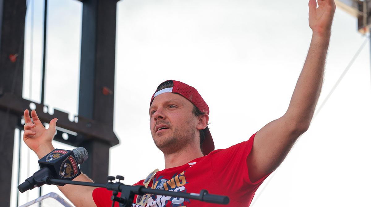 Florida Panthers center Sam Reinhart (13) reacts while speaking to the fans during the Stanley Cup championship parade and rally.