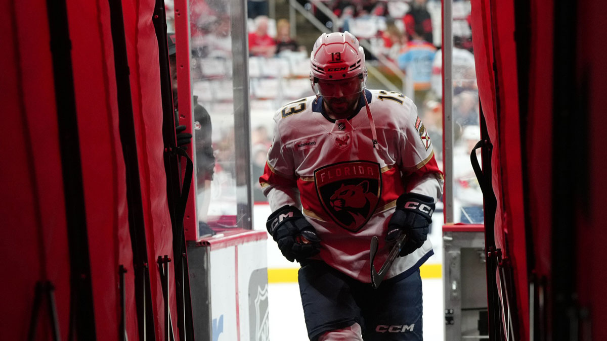 Florida Panthers forward Sam Reinhart (13) leaves the ice after warm up prior to the first period against the Carolina Hurricanes in game five of the Eastern Conference Final of the 2025 Stanley Cup Playoffs at Lenovo Center.