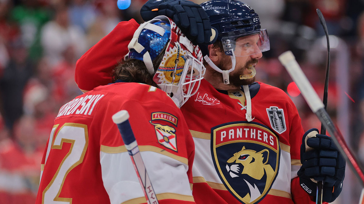 Florida Panthers forward Sam Reinhart (13) celebrates with goaltender Sergei Bobrovsky (72) after the third period in game three of the 2025 Stanley Cup Final at Amerant Bank Arena.