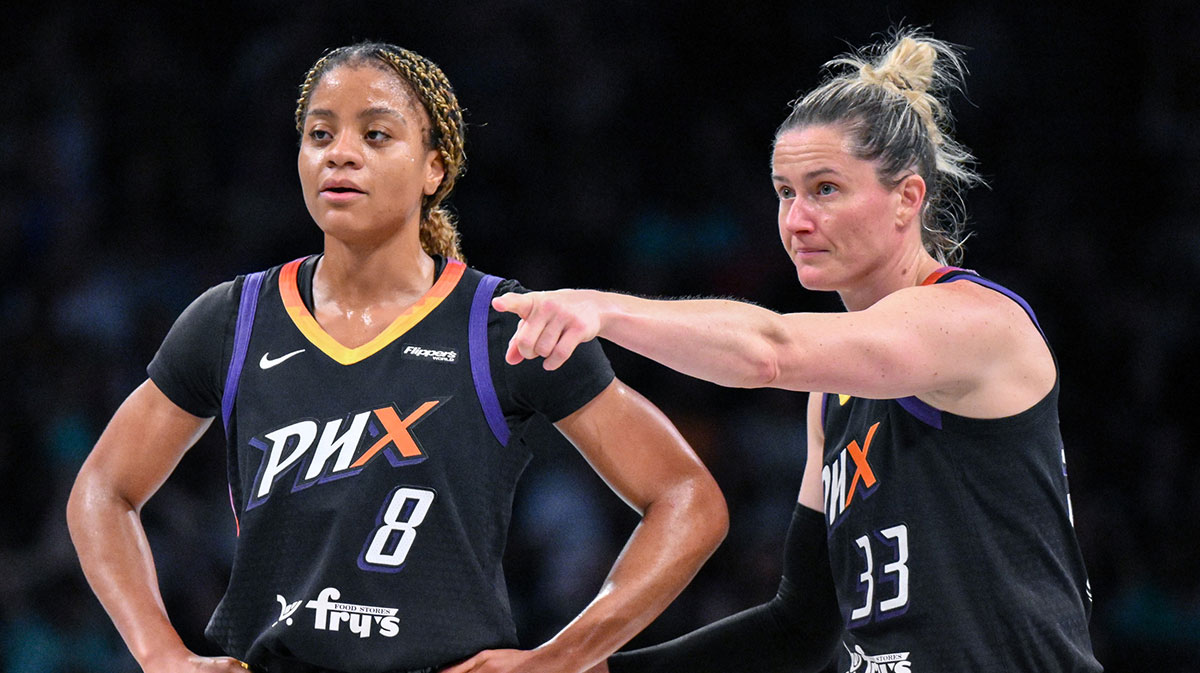 Phoenix Mercury guard Monique Akoa Makani (8) and guard Sami Whitcomb (33) interact during the second half at Barclays Center.