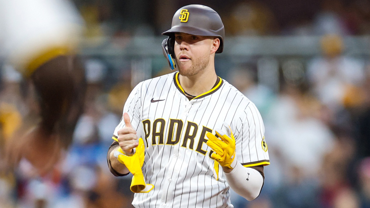 San Diego Padres left fielder Gavin Sheets (30) celebrates with the dugout after hitting a double during the fourth inning against the Washington Nationals at Petco Park.