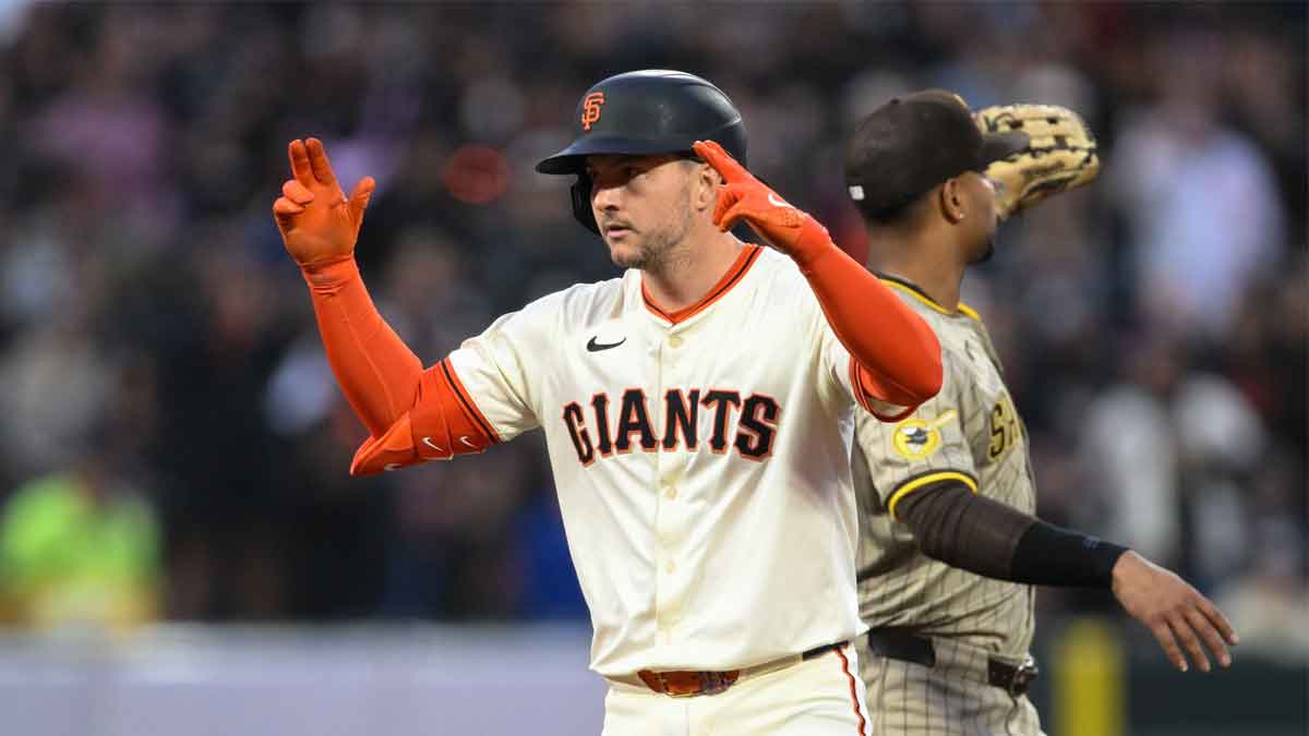 San Francisco Giants catcher Patrick Bailey (14) celebrates his RBI double against the San Diego Padres in the fifth inning at Oracle Park. Porter Posey