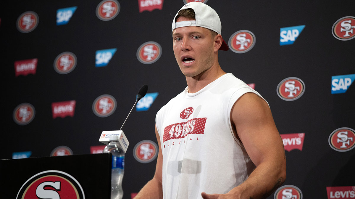 San Francisco 49ers running back Christian McCaffrey speaks to the media following a team OTA at Levi's Stadium.