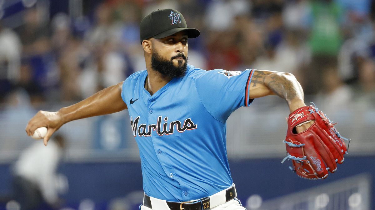 Jun 22, 2025; Miami, Florida, USA; Miami Marlins starting pitcher Sandy Alcantara (22) pitches against the Atlanta Braves during the first inning at loanDepot Park.