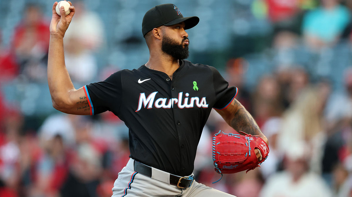 Miami Marlins starting pitcher Sandy Alcantara (22) pitches during the second inning against the Los Angeles Angels at Angel Stadium.