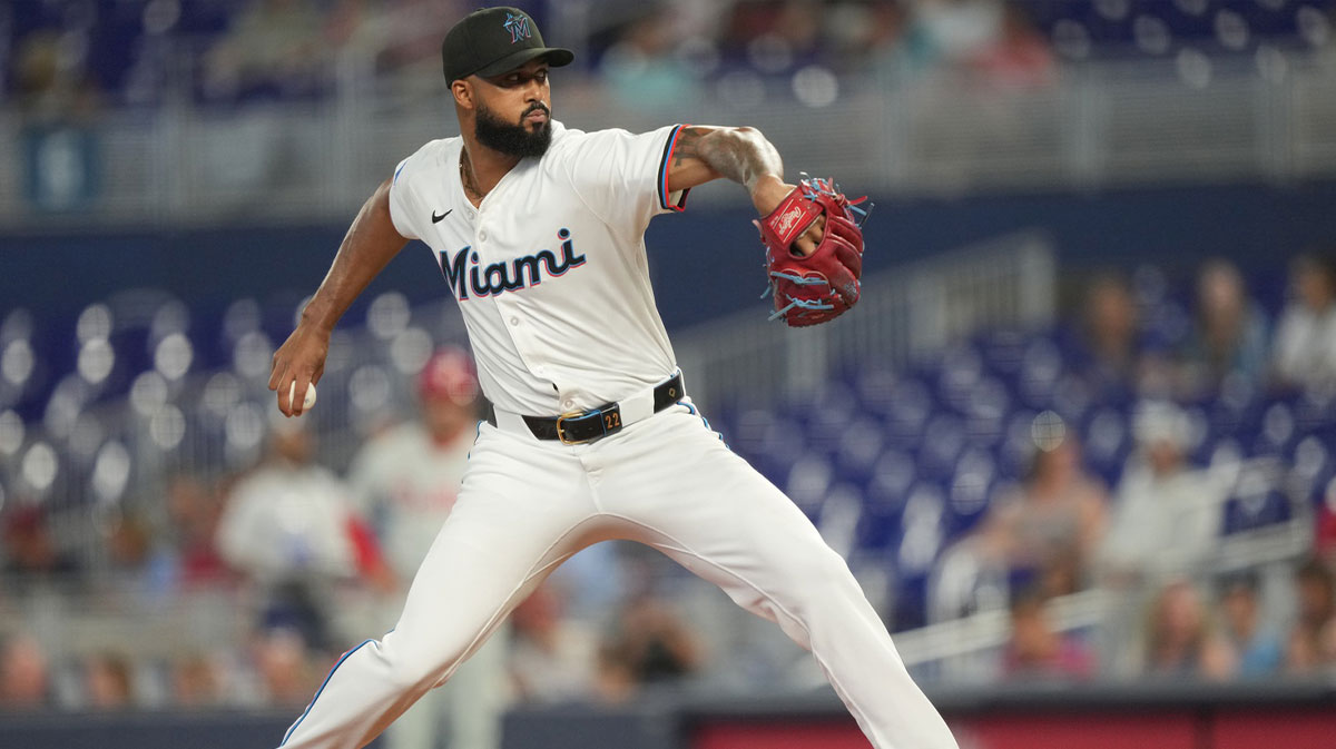 Miami Marlins pitcher Sandy Alcantara (22) pitches in the first inning against the Philadelphia Phillies at loanDepot Park.
