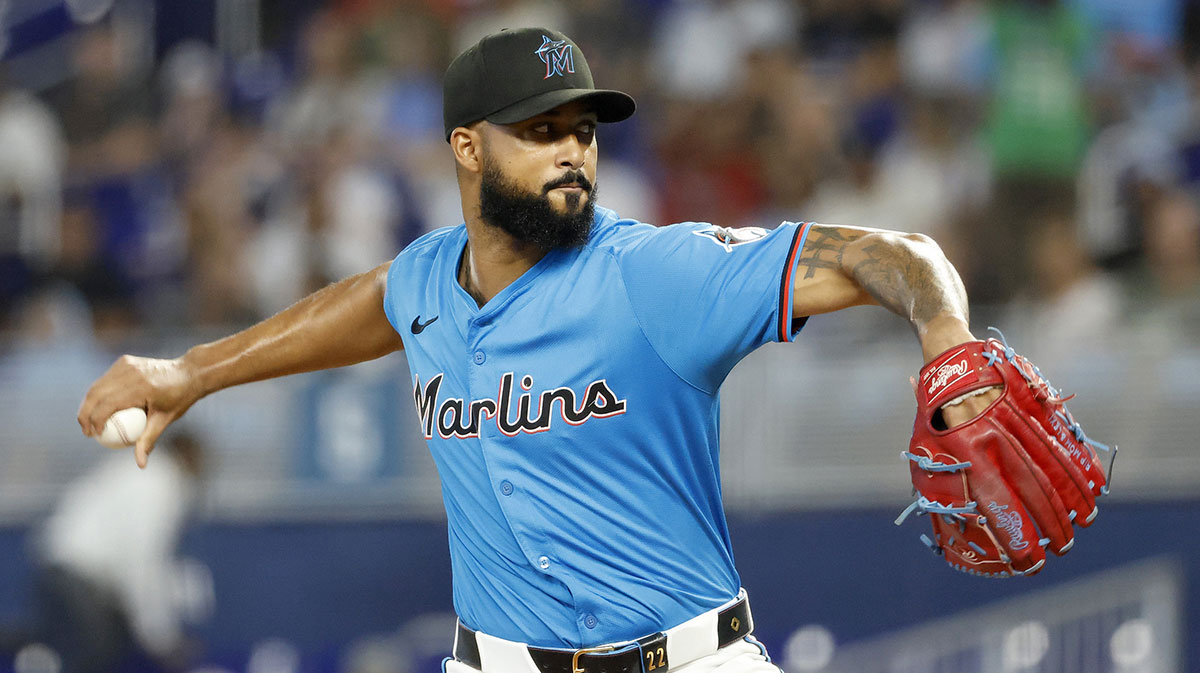 Miami Marlins starting pitcher Sandy Alcantara (22) pitches against the Atlanta Braves during the first inning at loanDepot Park.