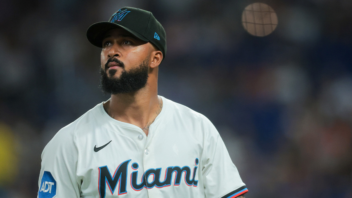 May 5, 2025; Miami, Florida, USA; Miami Marlins starting pitcher Sandy Alcantara (22) looks on against the Los Angeles Dodgers during the first inning at loanDepot Park. Mandatory Credit: Sam Navarro-Imagn Images