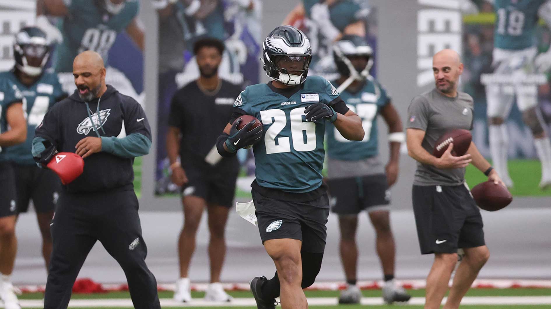 May 28, 2025; Philadelphia, PA, USA; Philadelphia Eagles running back Saquon Barkley (26) during OTAs at NovaCare Complex. Mandatory Credit: Bill Streicher-Imagn Images