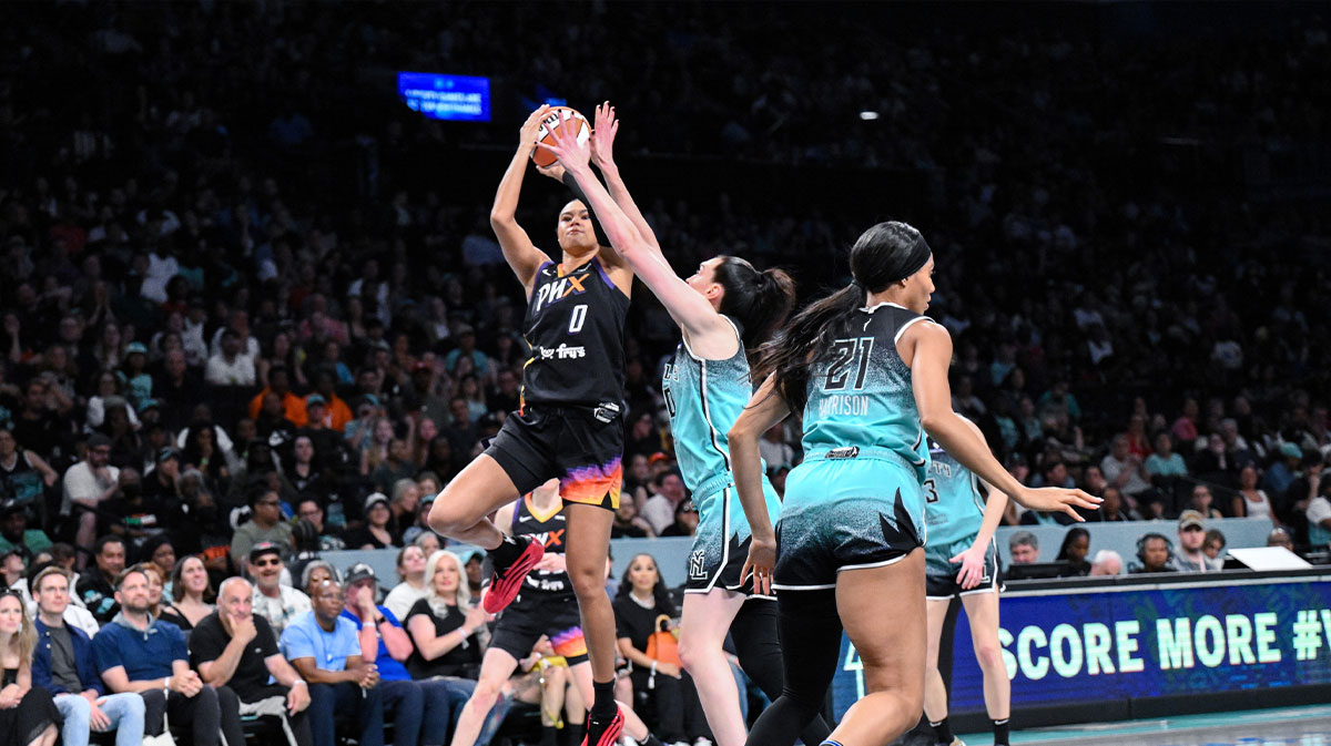Phoenix Mercury forward Satou Sabally (0) shoots the ball as New York Liberty forward Breanna Stewart (30) defends during the second half at Barclays Center.