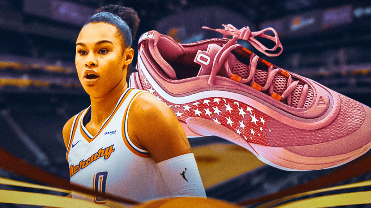 Phoenix Mercury forward Satou Sabally with two photos of her custom shoes (I'll put a photo for reference) and a background of the Mercury's home arena