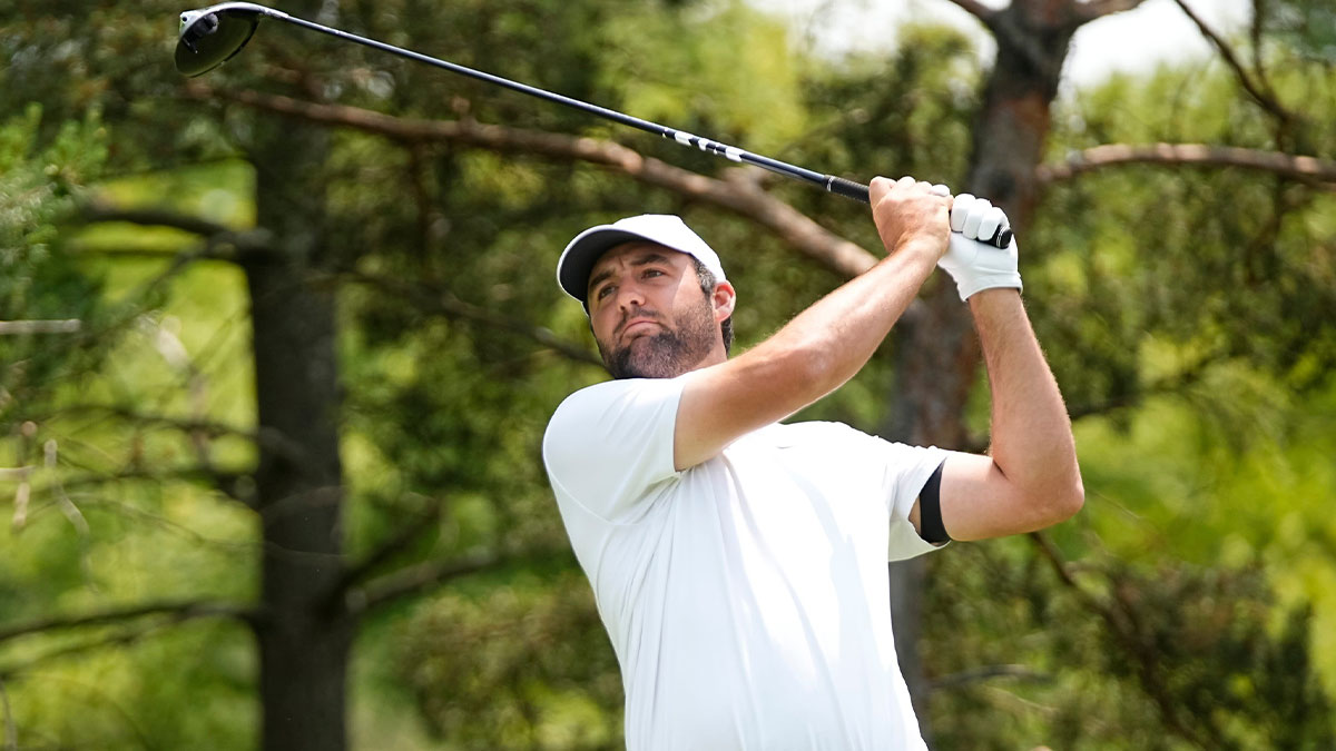 Scottie Scheffler tees off on two during the final round of the Memorial Tournament at Muirfield Village Golf Club