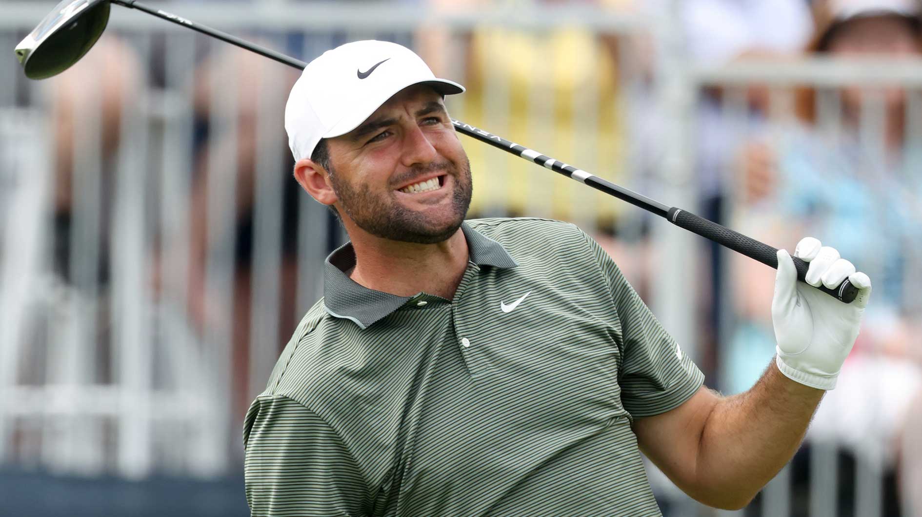 Scottie Scheffler watches after his shot from the third tee during the second round of the U.S. Open golf tournament.