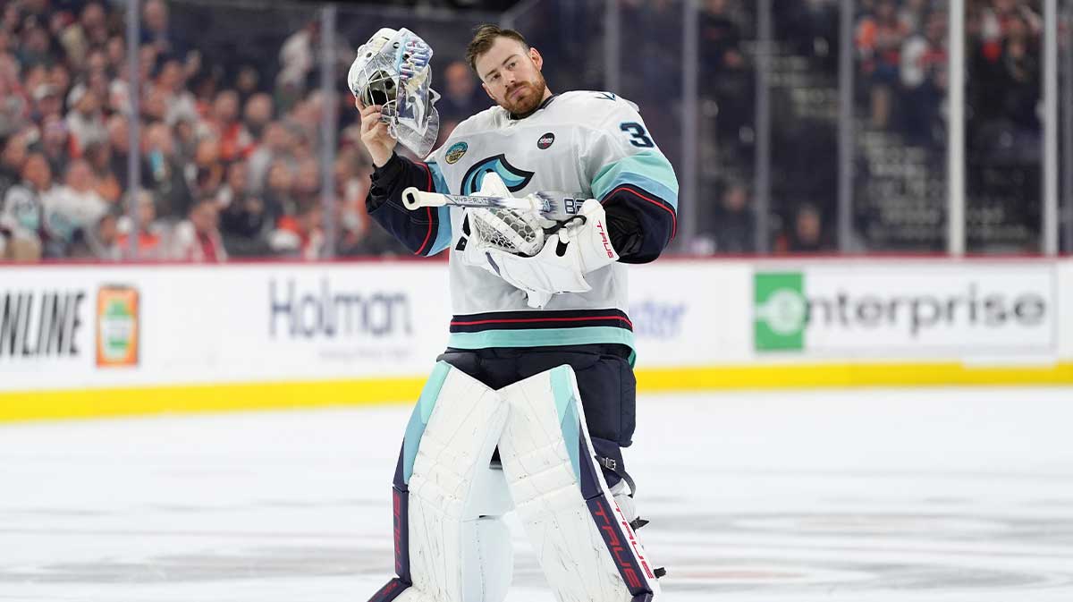 Seattle Kraken goalie Philipp Grubauer (31) looks on against the Philadelphia Flyers in the second period at Wells Fargo Center.