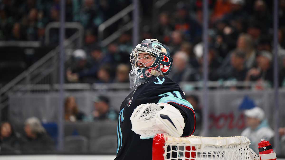 Seattle Kraken goaltender Philipp Grubauer (31) during the second period against the Utah Hockey Club at Climate Pledge Arena.