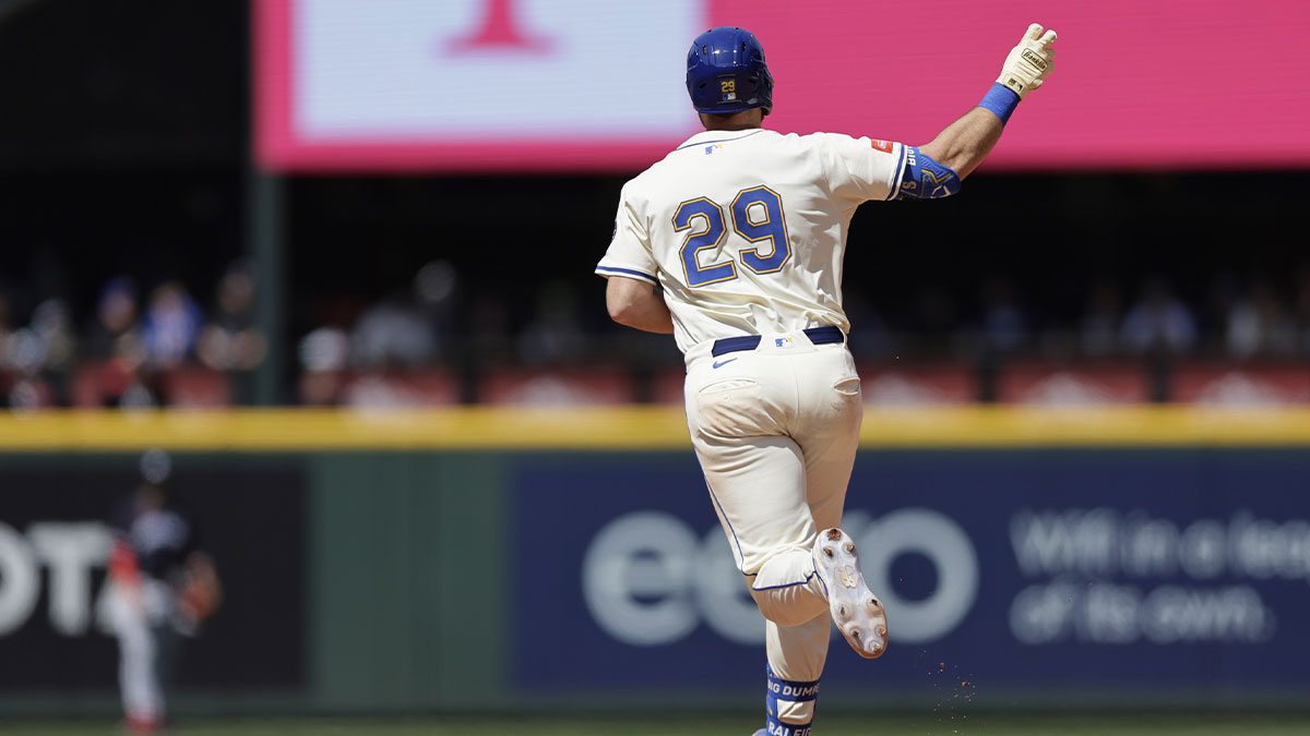 Seattle Mariners catcher Cal Raleigh (29) rounds the bases on a solo home run against the Minnesota Twins during the seventh inning at T-Mobile Park.