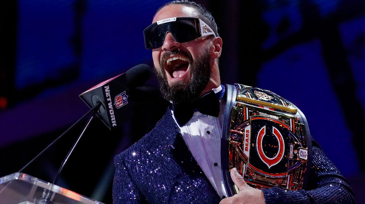 WWE Superstar and Chicago Bears fan Seth Rollins, who may be getting new entrance music, at the NFL Draft.