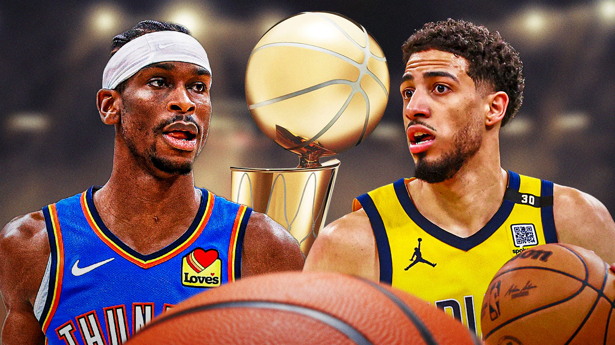 Thunder All-Star Shai Gilgeous-Alexander and Pacers' Tyrese Haliburton staring at one another with the NBA's Larry O'Brien Trophy in the background