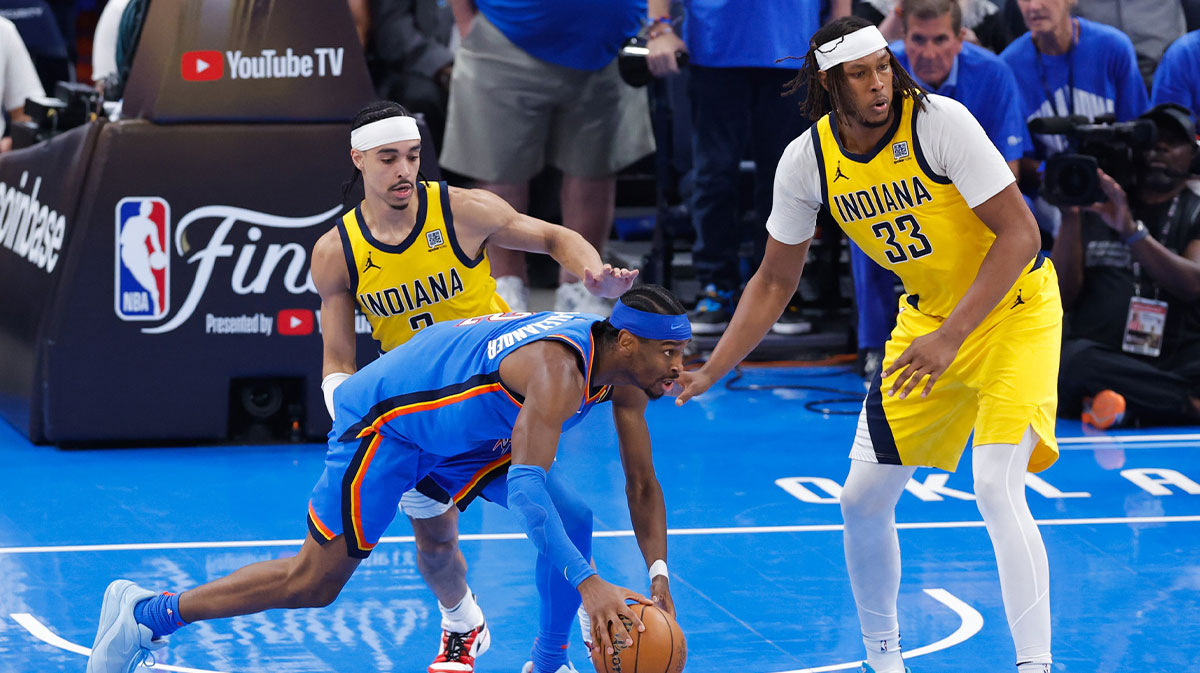 Oklahoma City Thunder guard Shai Gilgeous-Alexander (2) controls the ball while Indiana Pacers center Myles Turner (33) defends during the second half of game seven of the 2025 NBA Finals at Paycom Center.