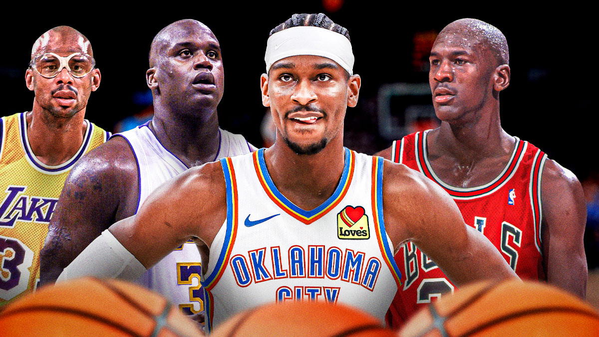 Shai Gilgeous-Alexander surrounded by Michael Jordan, Shaquille O'Neal, and Kareem Abdul-Jabbar