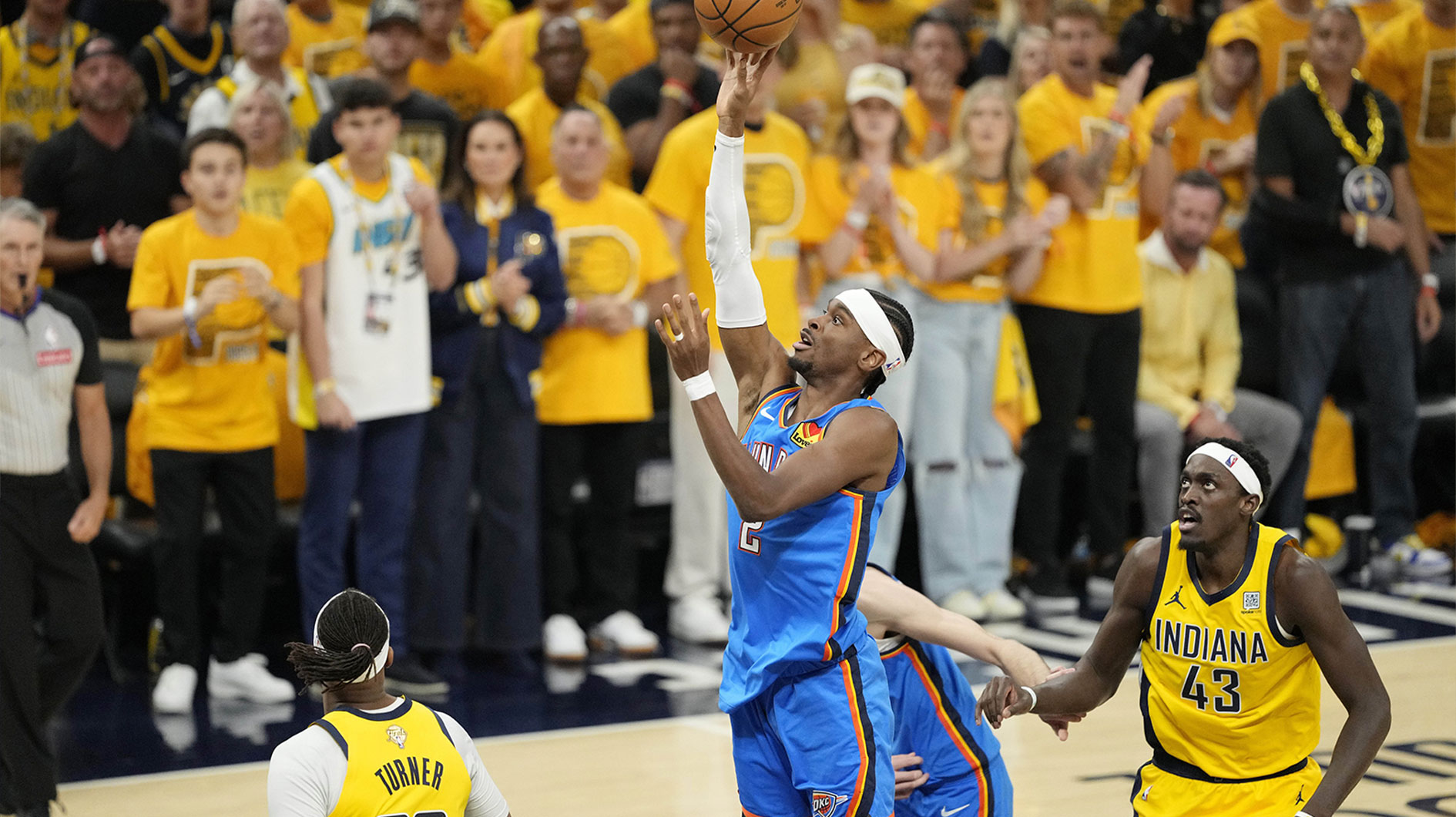 Oklahoma City Thunder guard Shai Gilgeous-Alexander (2) shoots the ball against the Indiana Pacers during the first half during game four of the 2025 NBA Finals at Gainbridge Fieldhouse.