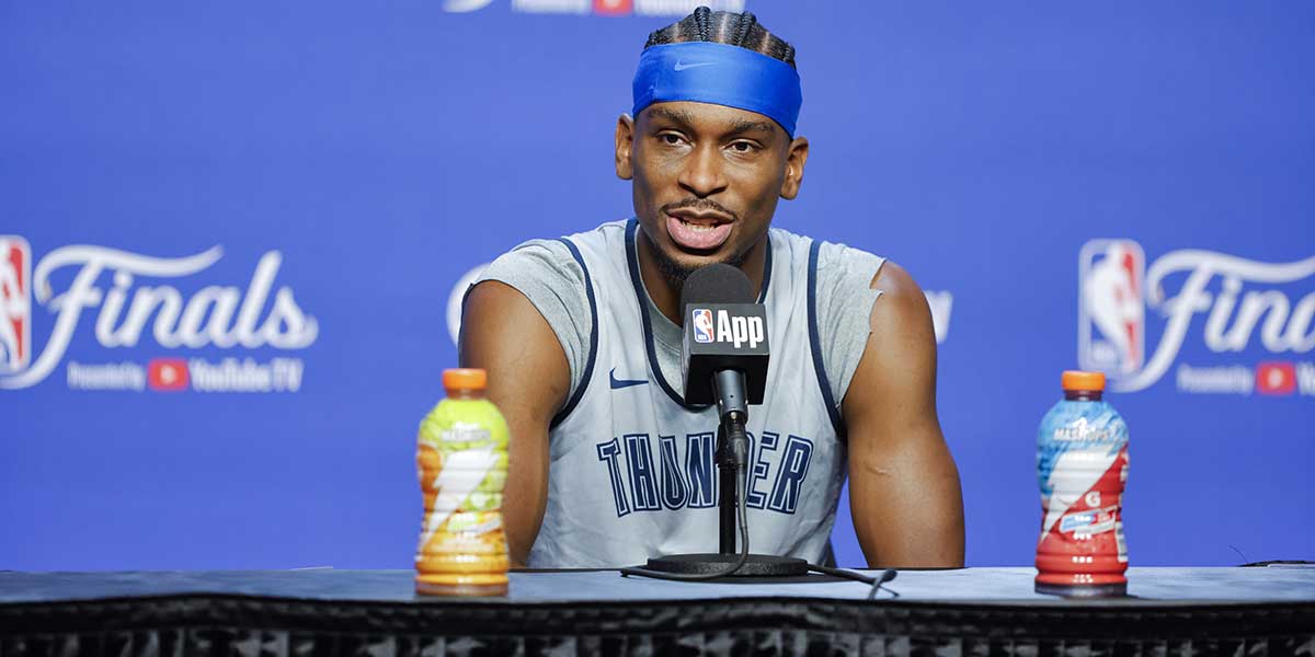Oklahoma City Thunder guard Shai Gilgeous-Alexander (2) during NBA Finals Media Day at Paycom Center.