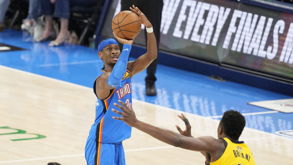 Oklahoma City Thunder guard Shai Gilgeous-Alexander (2) shoots the ball against Indiana Pacers center Thomas Bryant (3) during the second half during game two of the 2025 NBA Finals at Paycom Center.